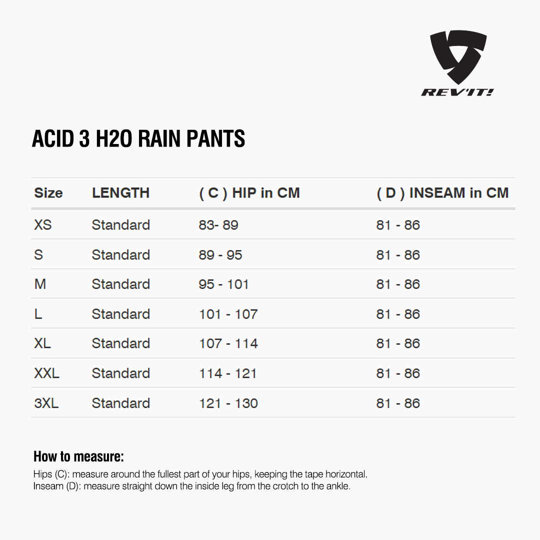 Size chart for REVIT Acid 3 H2O Rain Pants