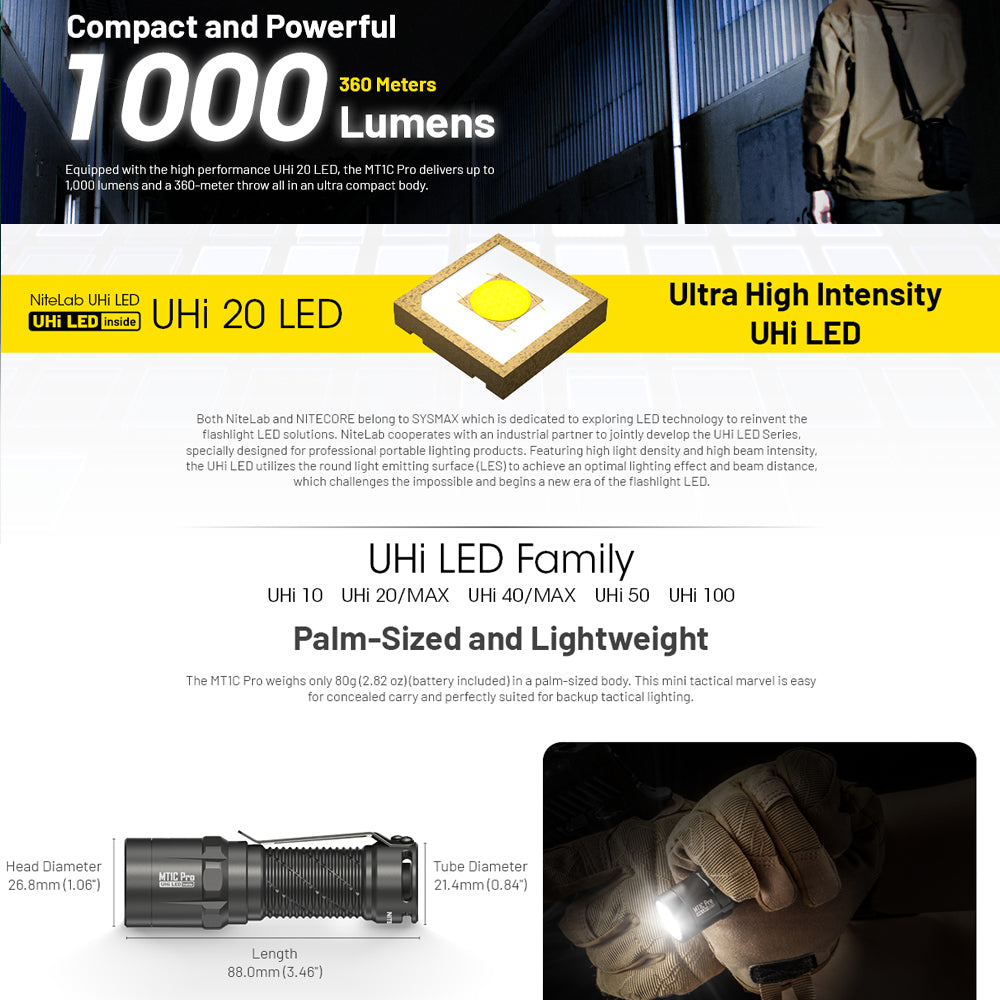 NITECORE MT1C PRO 1000 LUMEN IP68 EDC TORCH 505 YARDS THROW