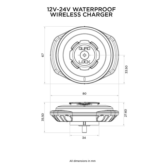 Quad Lock - Waterproof Wireless Charging Head 12V-24V (V2) - Dimensions