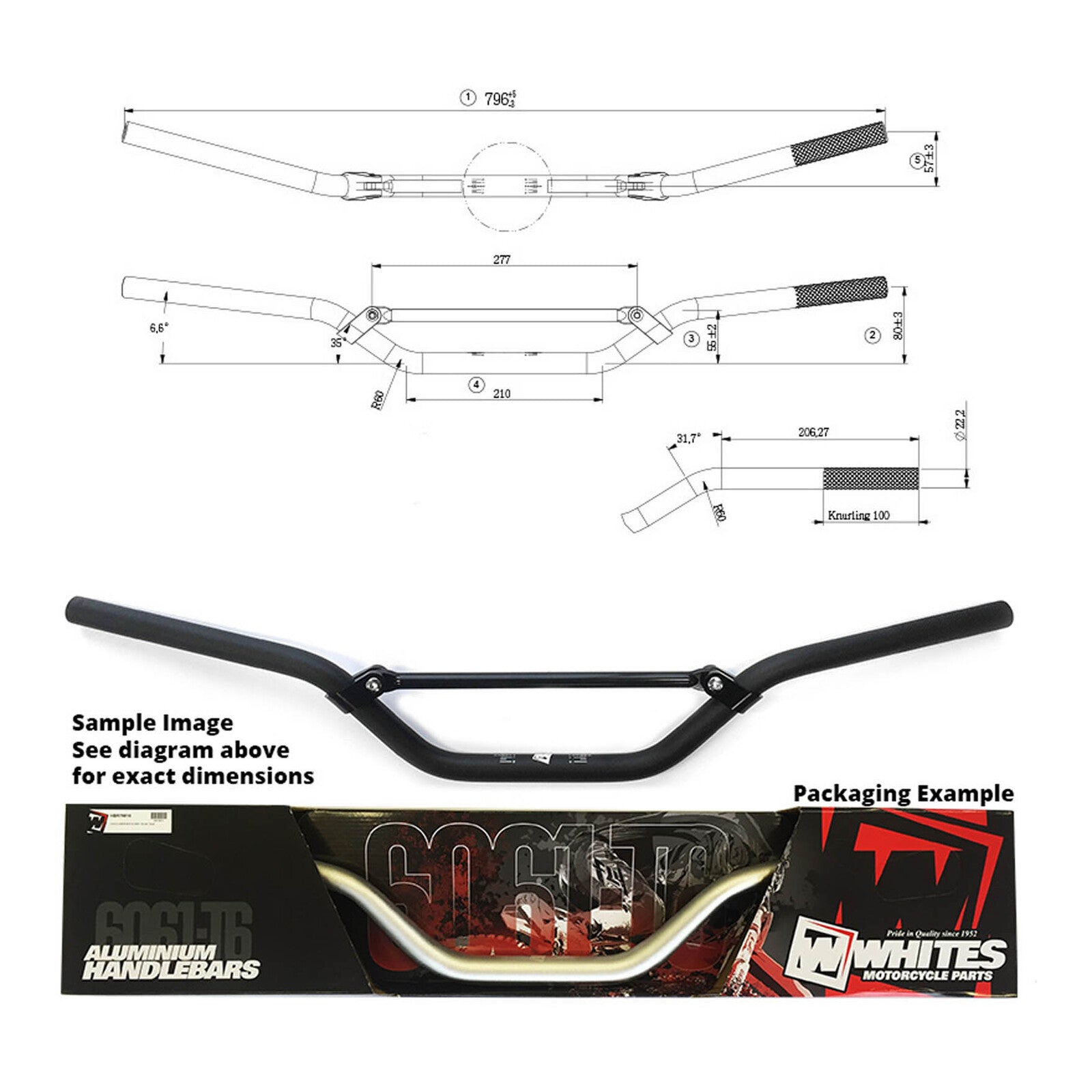 Whites Handlebars Alloy 6061 7/8 (22.2mm) CR/RM/YZ/WR Black