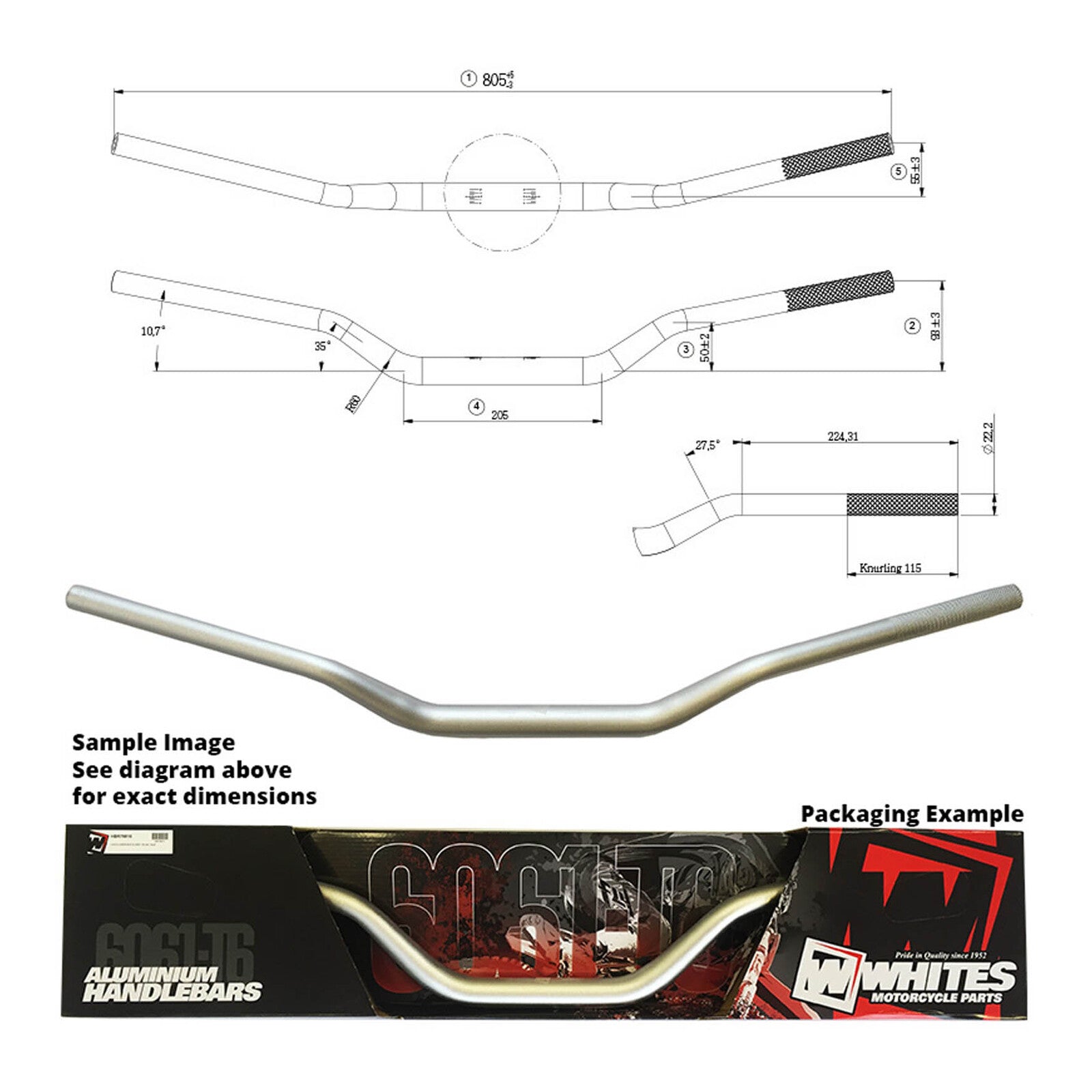 Whites Handlebars Alloy 6061 Taper 1-1/8 (28.6mm) KXF/RMZ Silver