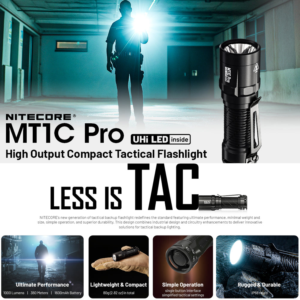 NITECORE MT1C PRO 1000 LUMEN IP68 EDC TORCH 505 YARDS THROW