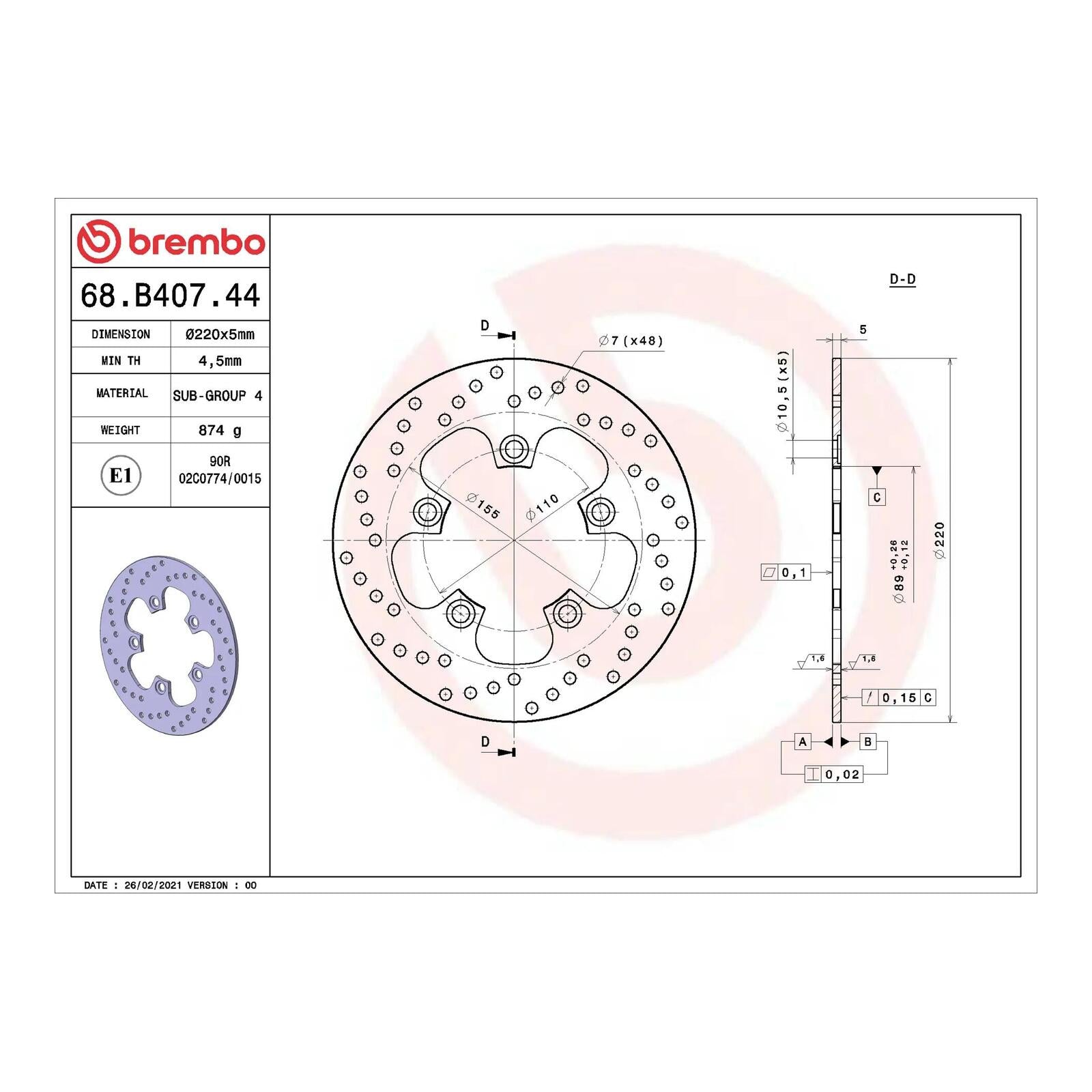 Brembo Prime Serie Oro Rear Brake Disc 68B40744