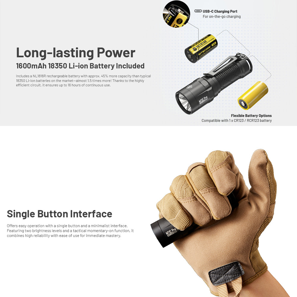 NITECORE MT1C PRO 1000 LUMEN IP68 EDC TORCH 505 YARDS THROW