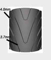 Front Tyre - The gradual increase in the width of the grooves running from the centre to the shoulder helps evactuate water faster and ensures contact with the ground