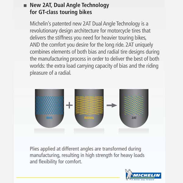The Michelin Pilot Road 4's patented new 2AT Dual Angle Technology is a revolutionary design architecture for motorcycle tyres that delivers the stiffness you need for heavier touring bikes, and the comfort you desire for the long ride